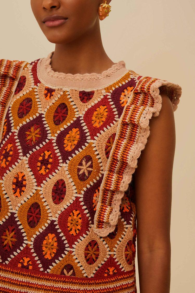 Farm Rio Multicolor Ruffled Crochet Vest CARAMEL