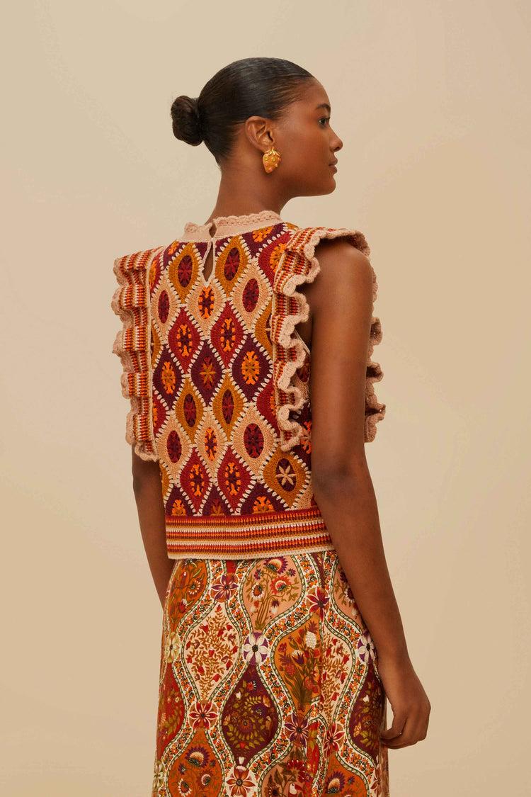 Farm Rio Multicolor Ruffled Crochet Vest CARAMEL