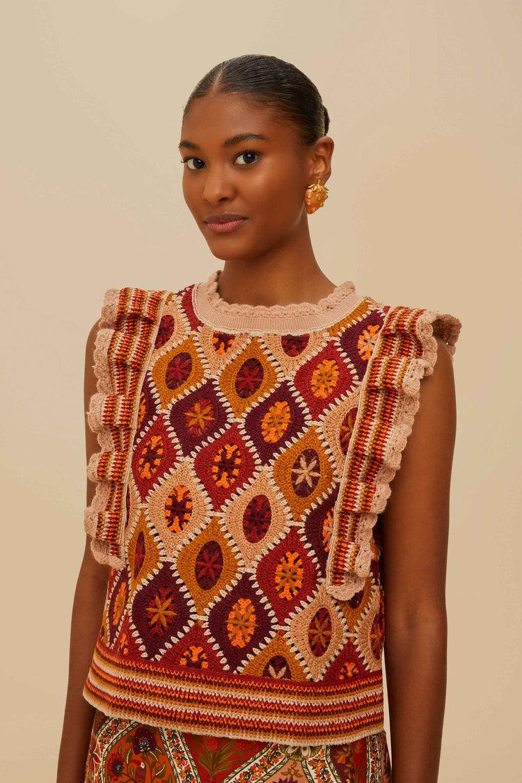farm rio multicolor ruffled crochet vest CARAMEL farm rio multicolor ruffled crochet vest CARAMEL