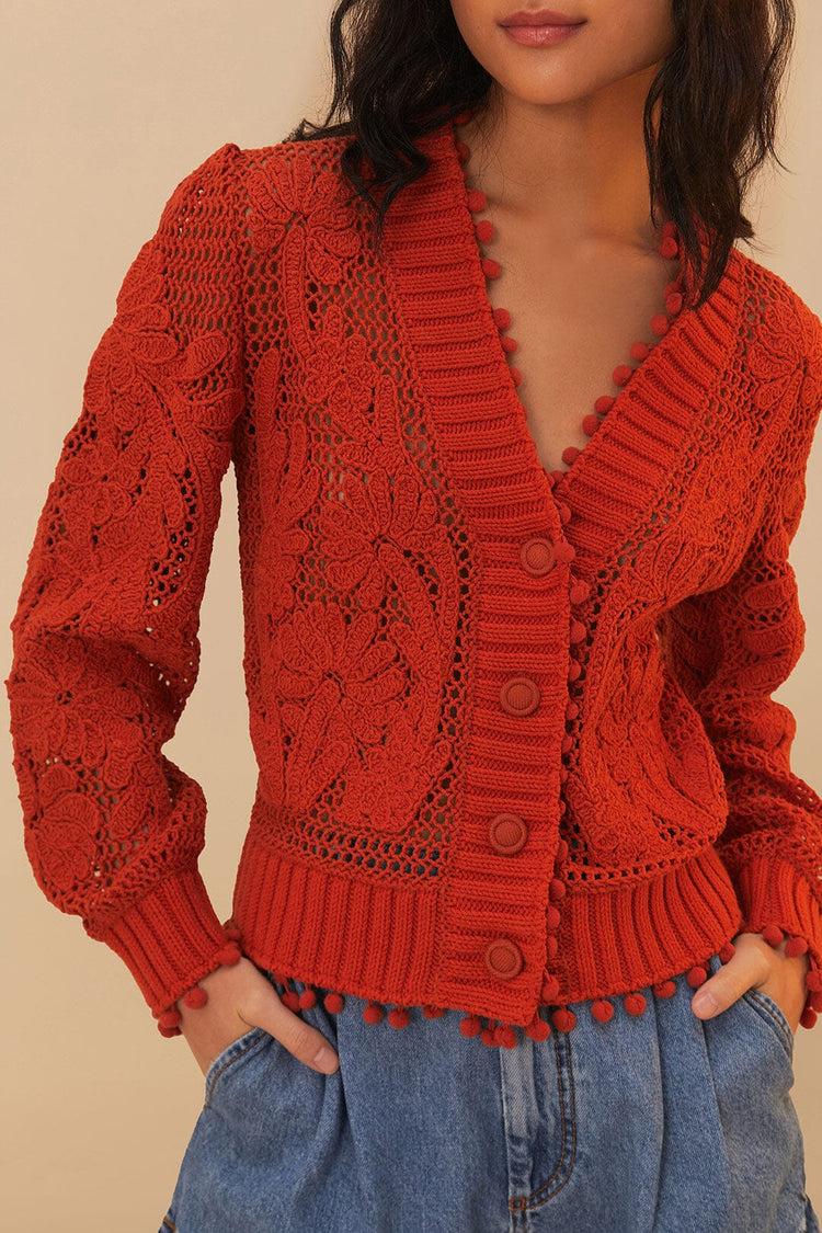 Farm Rio Orange Floral Knit Cardigan ORANGE