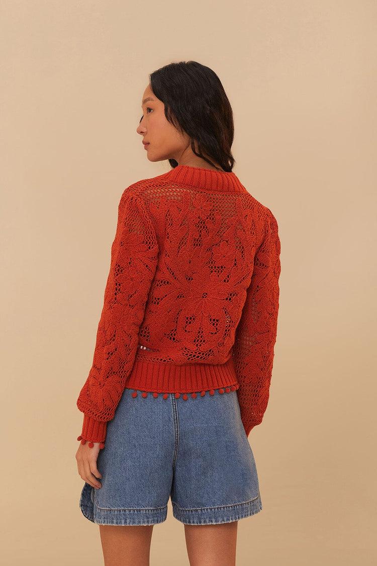 Farm Rio Orange Floral Knit Cardigan ORANGE
