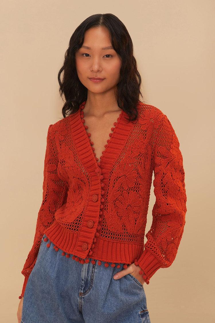farm rio orange floral knit cardigan ORANGE