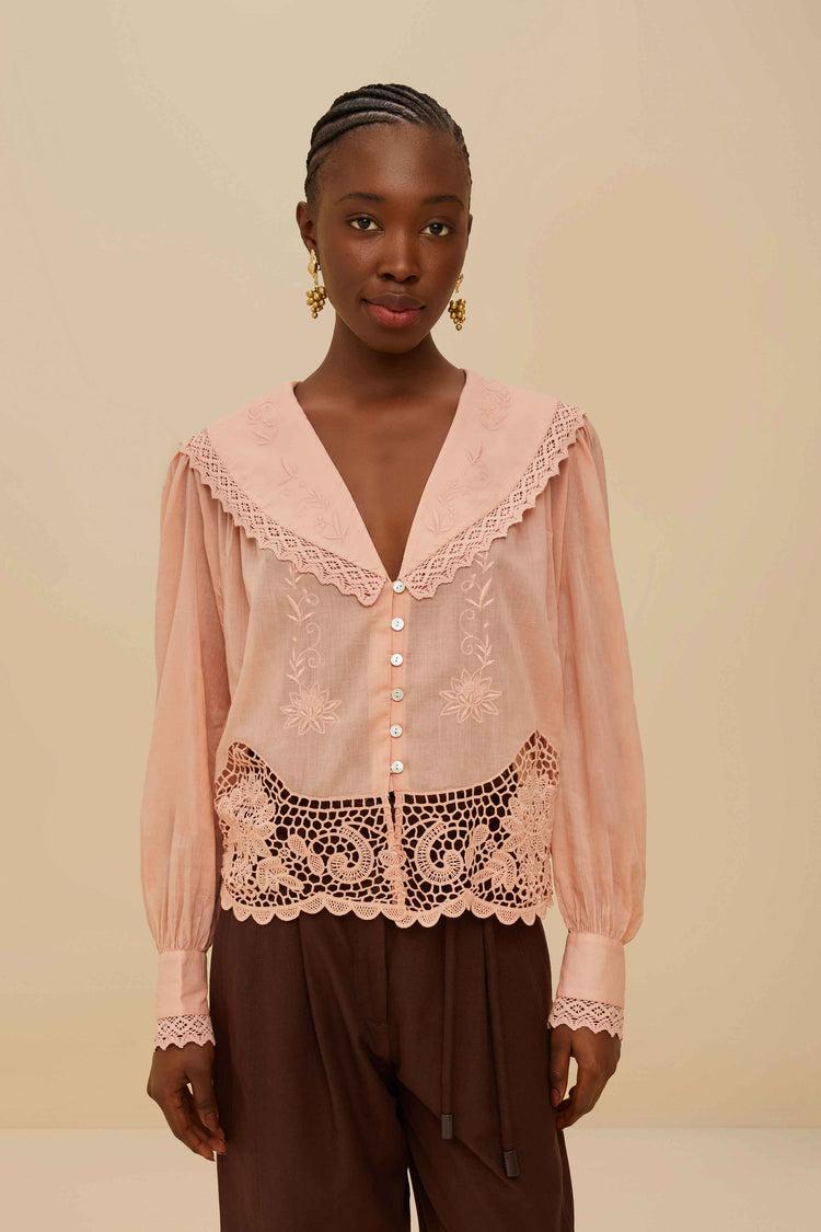 farm rio pink lacy long sleeve blouse PINK