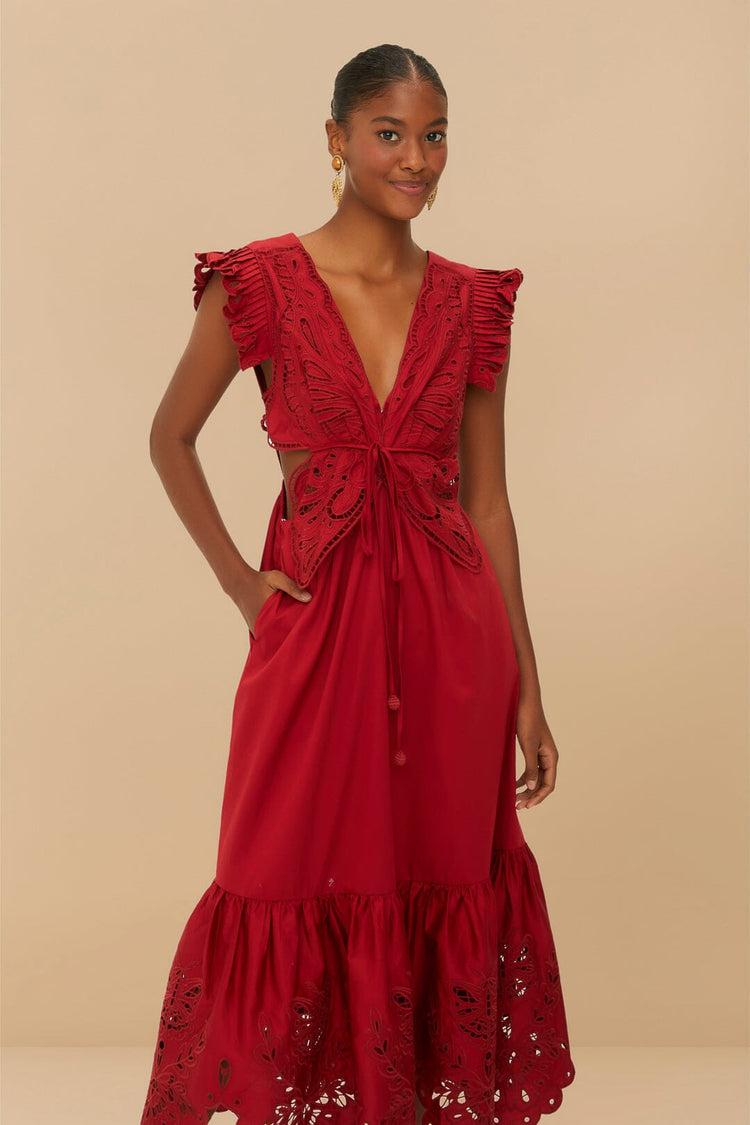 Farm Rio Red Butterfly Cut-out Midi Dress RED