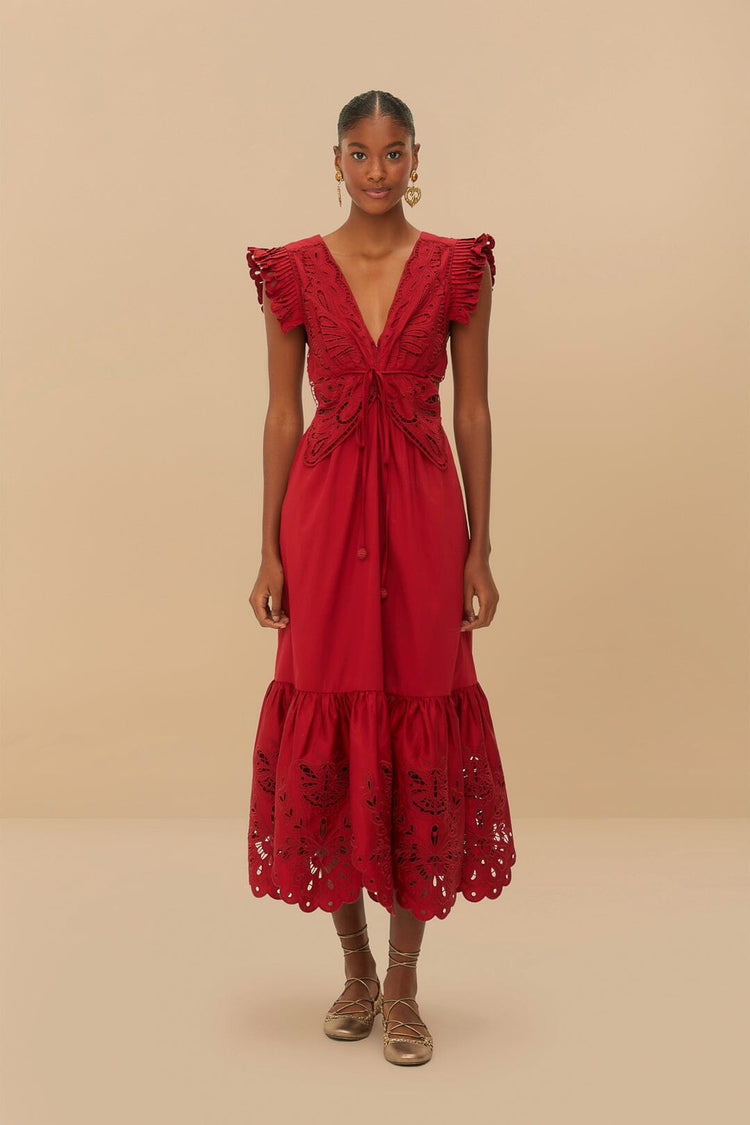 farm rio red butterfly cut-out midi dress RED