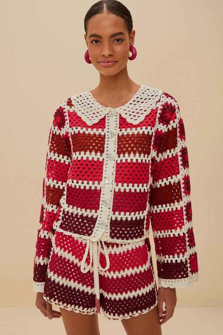 Farm Rio Red Colorful Crochet Tiles Shirt RED