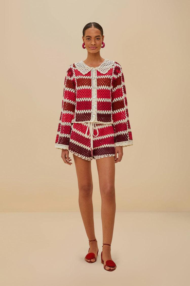 farm rio red colorful crochet tiles shirt RED