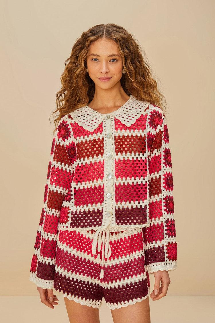 farm rio red colorful crochet tiles shorts RED