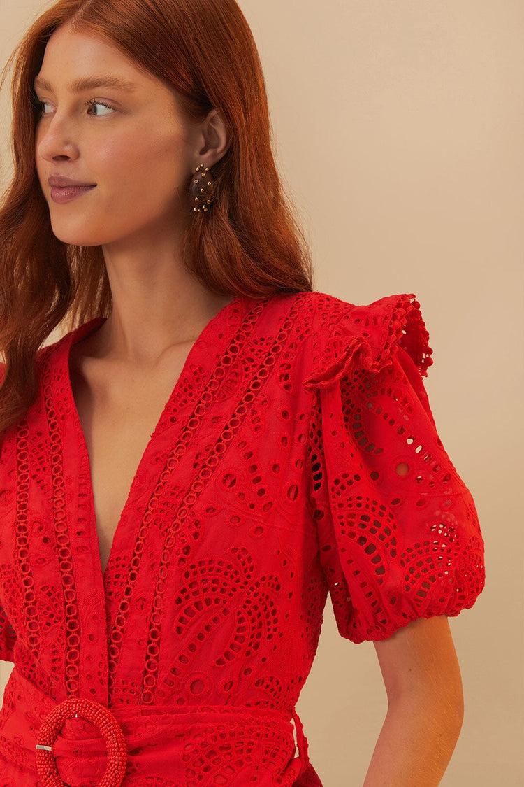 Farm Rio Red Eyelet Beaded Belt Romper RED