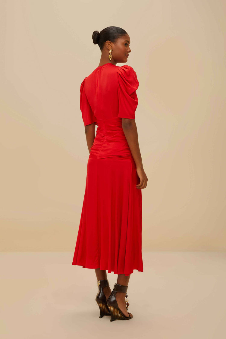 Farm Rio Red Gathered Midi Dress RED