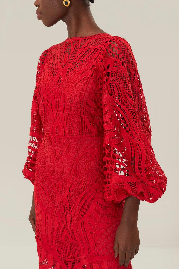 Farm Rio Red Nature Guipure Midi Dress RED