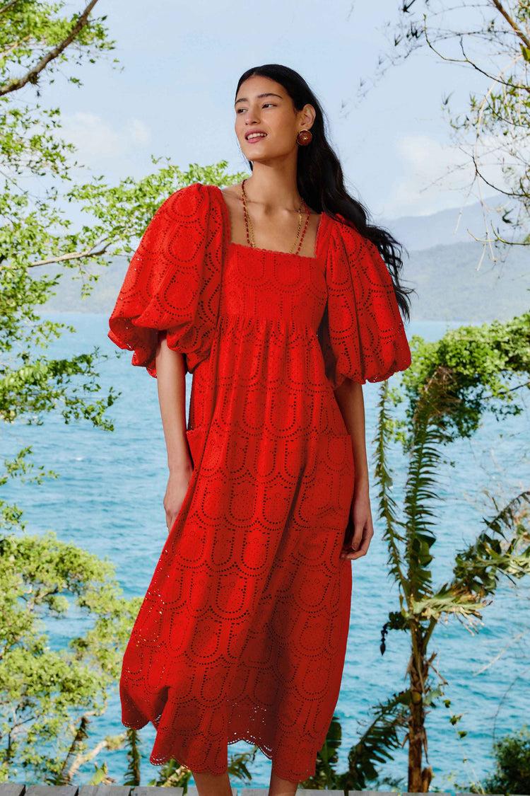 Farm Rio Red Pineapple Eyelet Maxi Dress RED