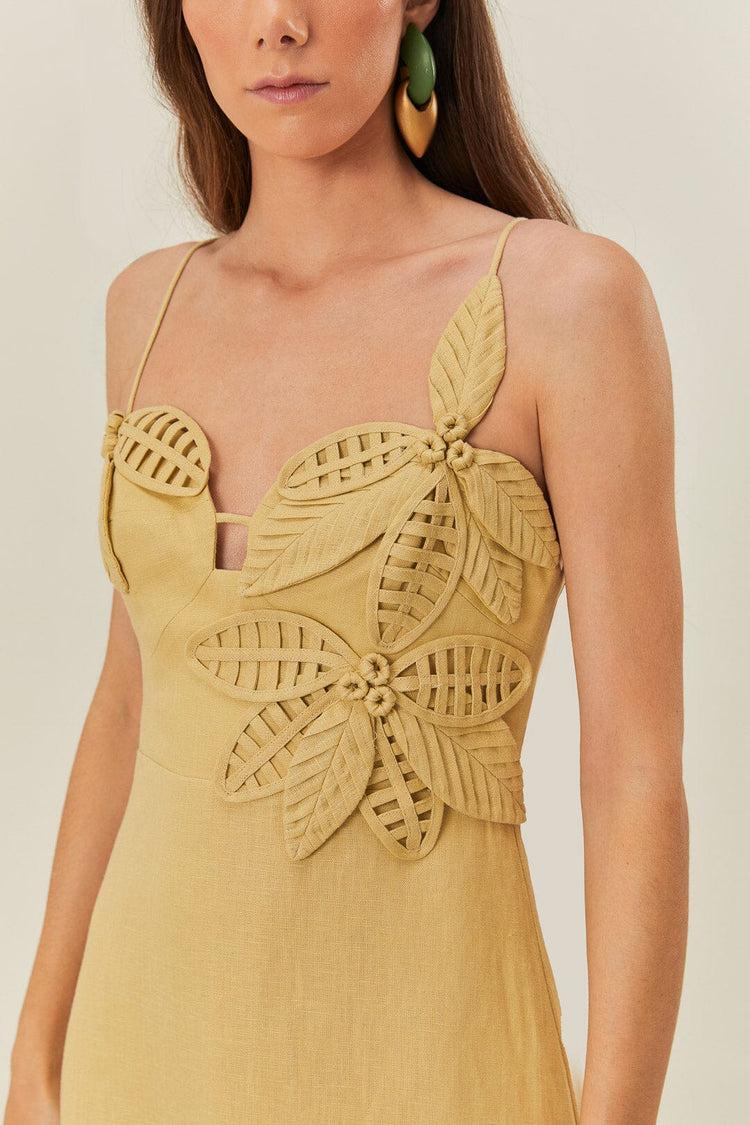 Farm Rio Sand 3d Flower Bodice Midi Dress SAND