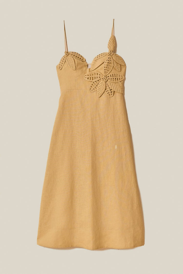 Farm Rio Sand 3d Flower Bodice Midi Dress SAND