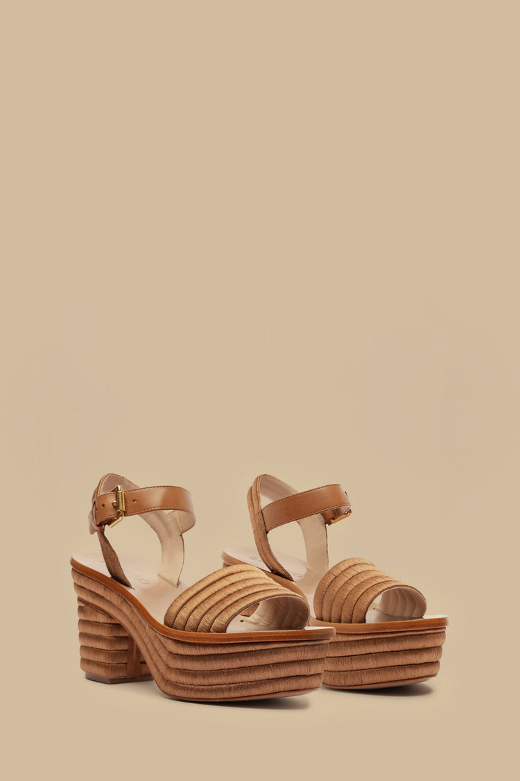 Farm Rio Tan Embroidered Platform Sandal TAN