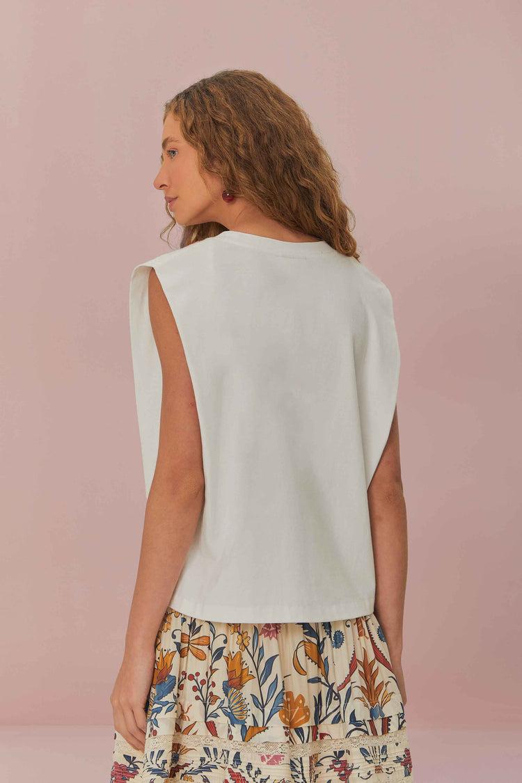 Farm Rio White Beaded Flowers T-shirt WHITE