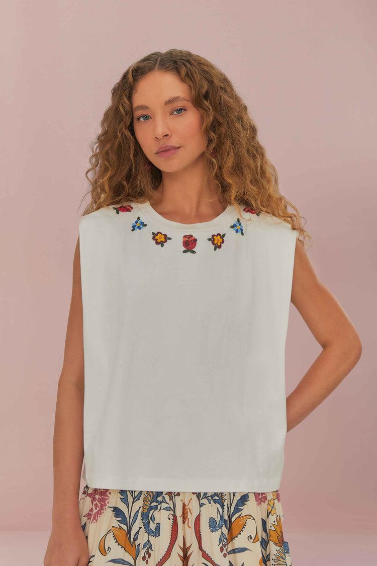 farm rio white beaded flowers t-shirt WHITE
