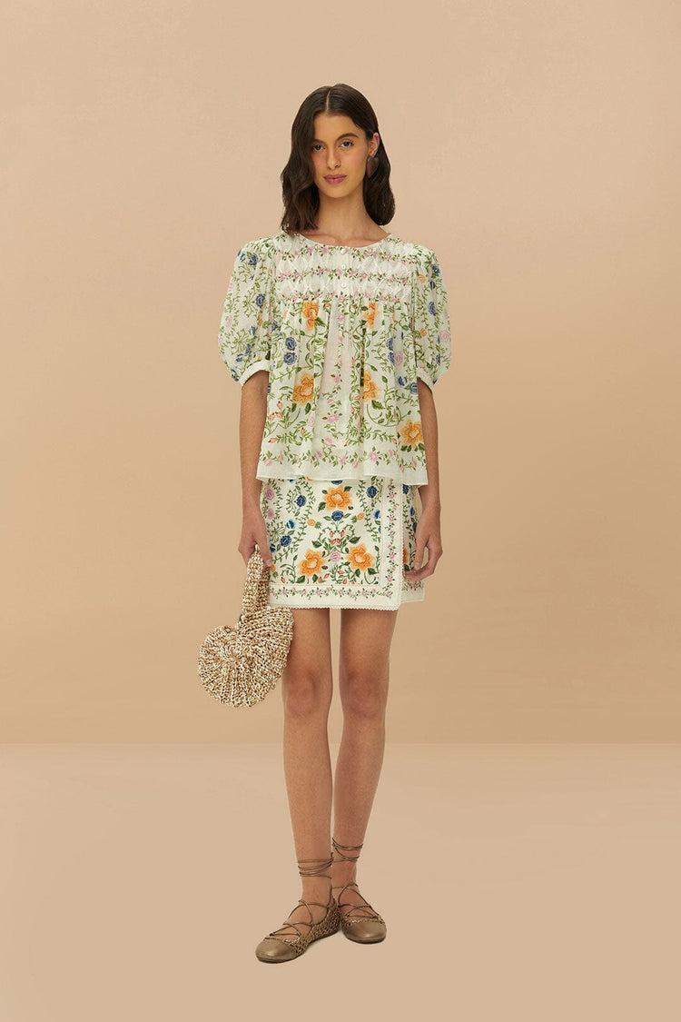 Farm Rio Folk Floral Off-white Scoop Neck Short Sleeve Blouse FOLK FLORAL OFF-WHITE