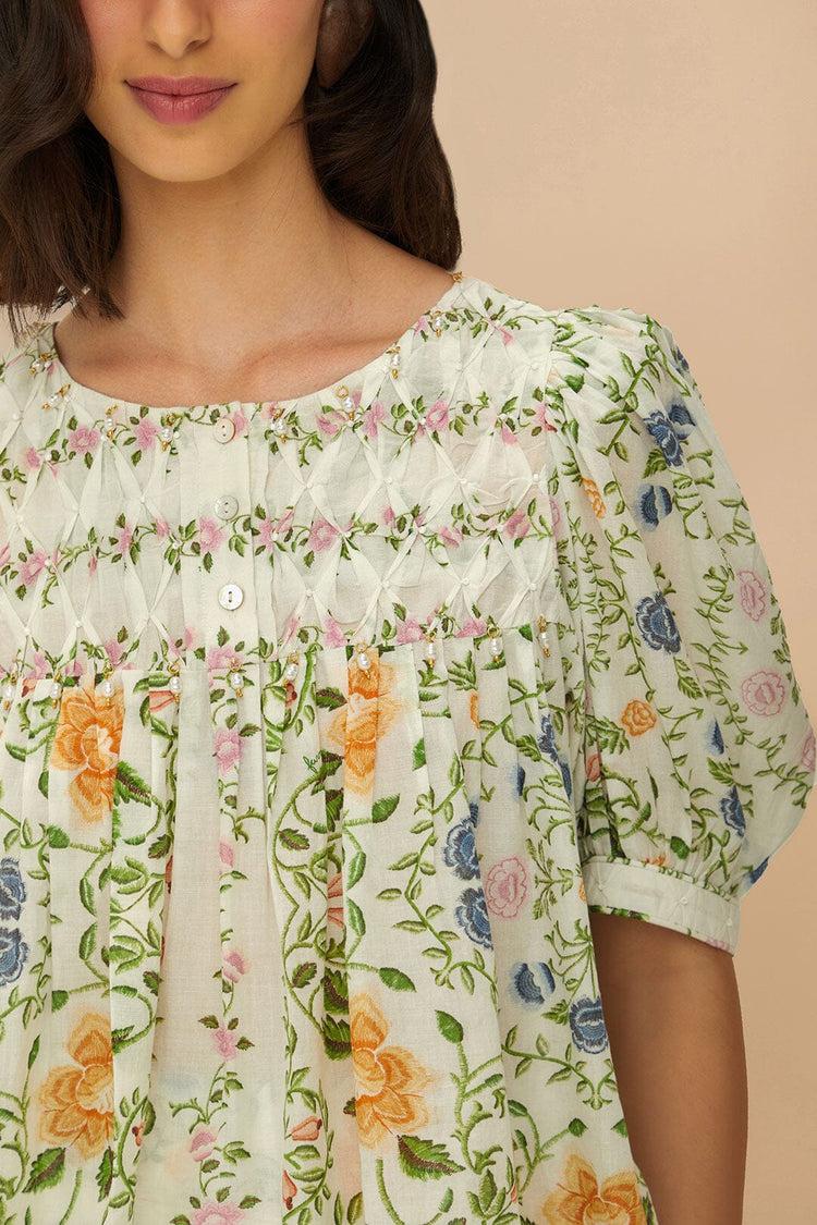Farm Rio Folk Floral Off-white Scoop Neck Short Sleeve Blouse FOLK FLORAL OFF-WHITE