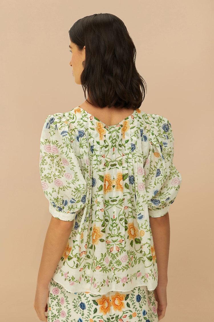 Farm Rio Folk Floral Off-white Scoop Neck Short Sleeve Blouse FOLK FLORAL OFF-WHITE