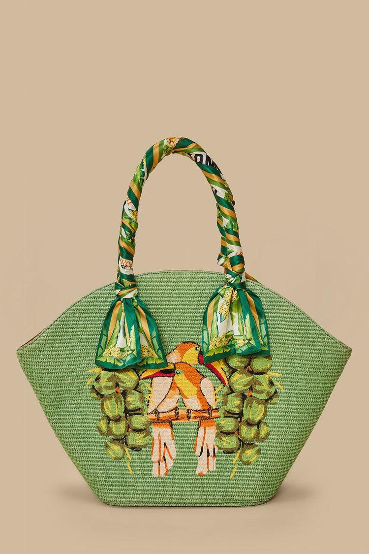 farm rio green coconut toucan raffia shell tote COCONUT TOUCAN