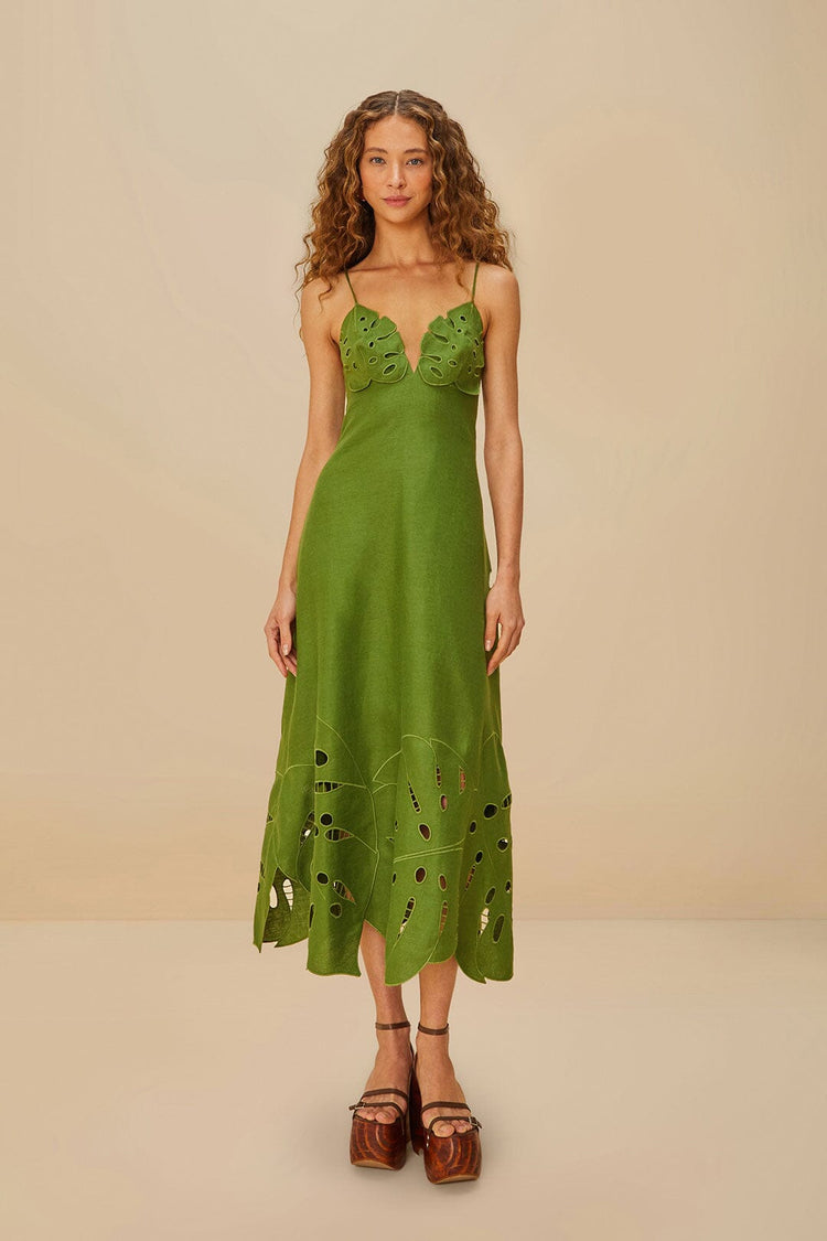 Farm Rio Green Monstera Embroidered Euroflax™ Premium Linen Midi Dress GREEN
