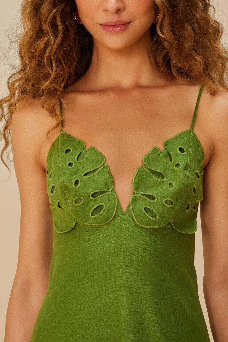 Farm Rio Green Monstera Embroidered Euroflax™ Premium Linen Midi Dress GREEN