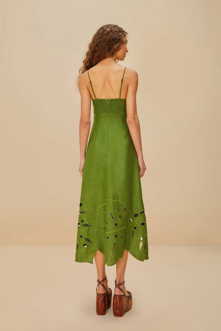 Farm Rio Green Monstera Embroidered Euroflax™ Premium Linen Midi Dress GREEN
