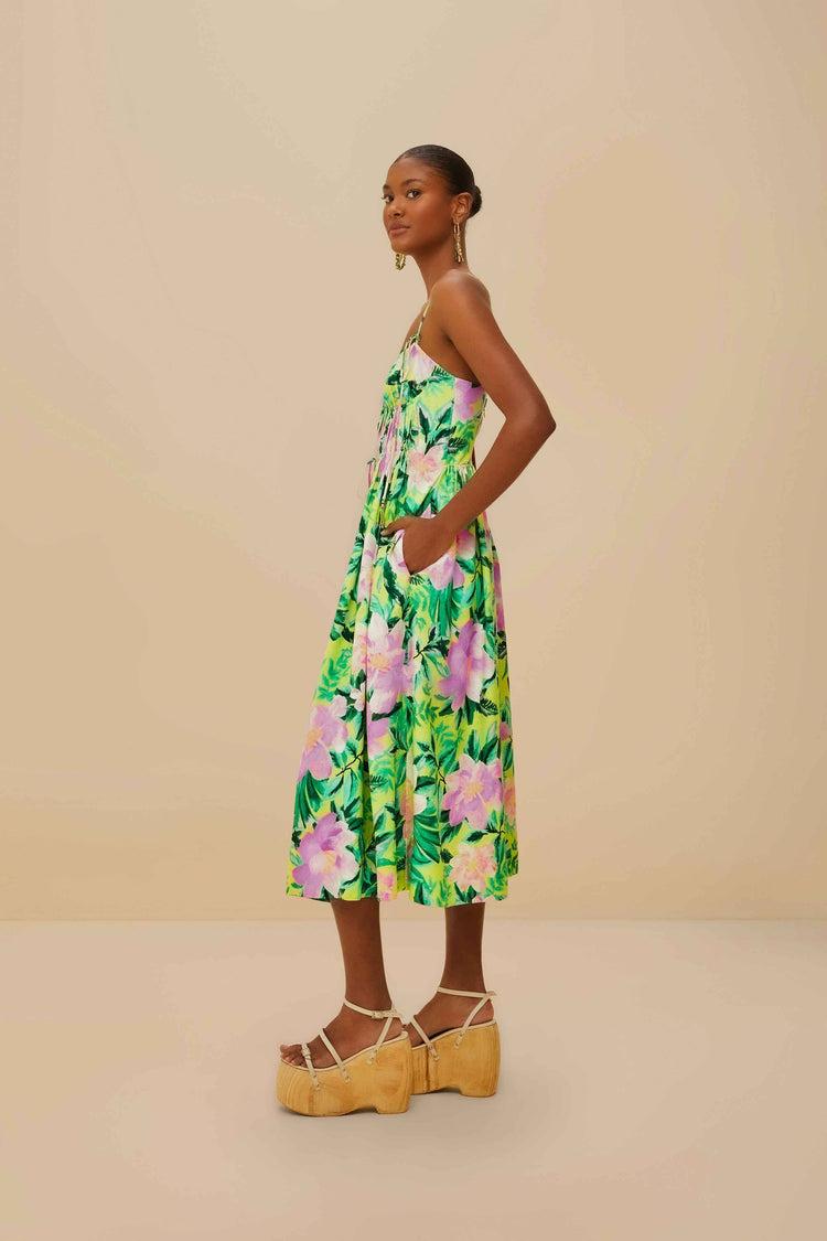 Farm Rio Green Painted Flowers Lenzing™ Ecovero™ Euroflax™ Midi Dress PAINTED FLOWERS GREEN