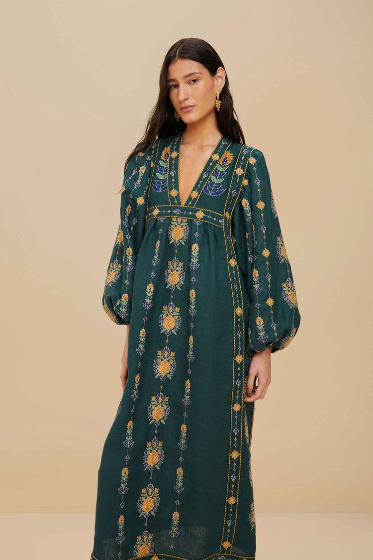 Farm Rio Green Pineapple Embroidered Euroflax™ Premium Linen Tunic Maxi Dress GREEN