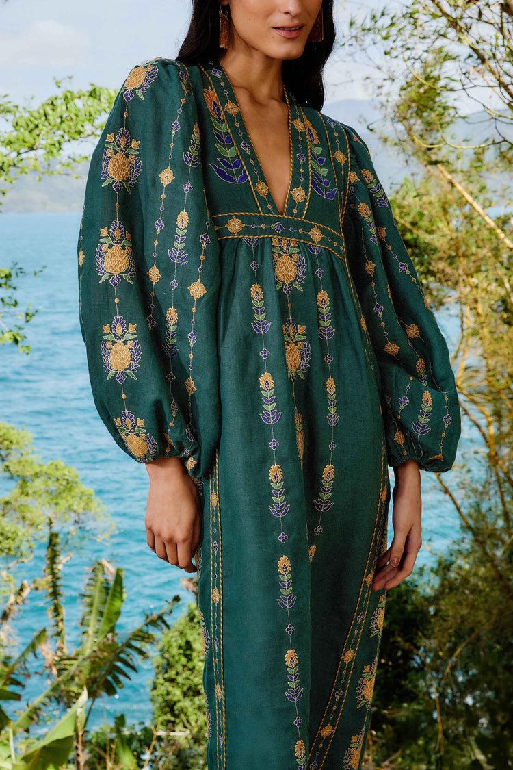 Farm Rio Green Pineapple Embroidered Euroflax™ Premium Linen Tunic Maxi Dress GREEN