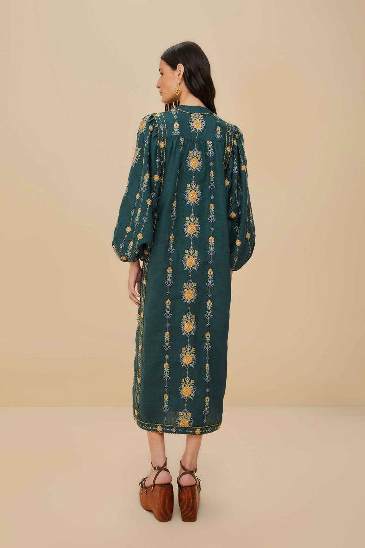 Farm Rio Green Pineapple Embroidered Euroflax™ Premium Linen Tunic Maxi Dress GREEN