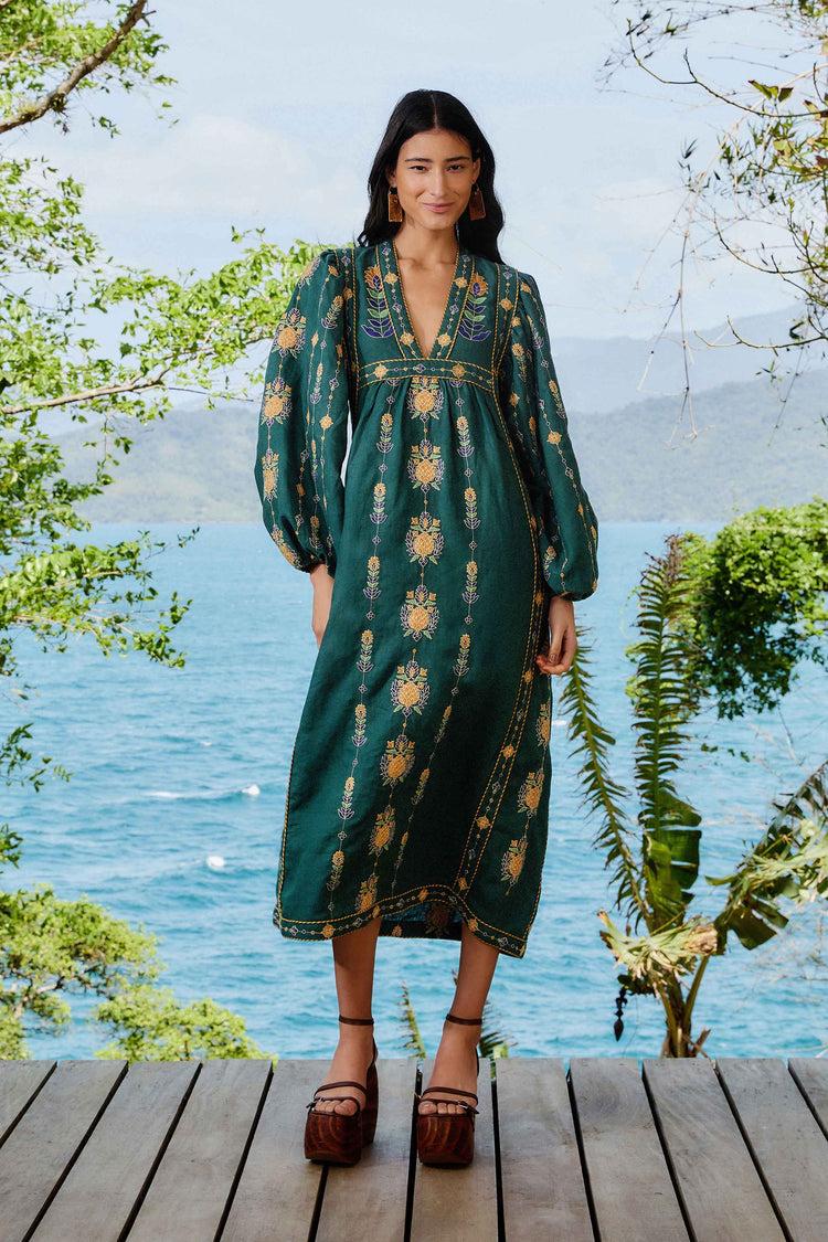 farm rio green pineapple embroidered euroflax™ premium linen tunic maxi dress GREEN