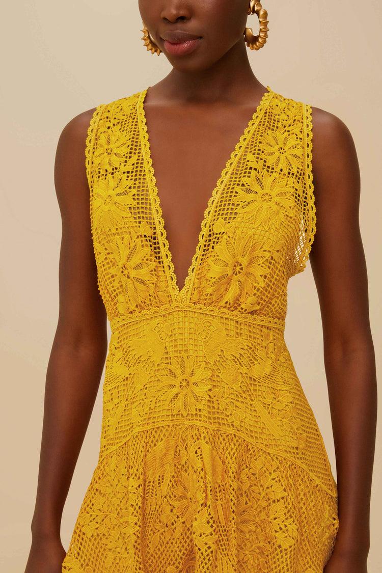 Farm Rio Landscape Guipure Mustard Yellow Midi Dress MUSTARD