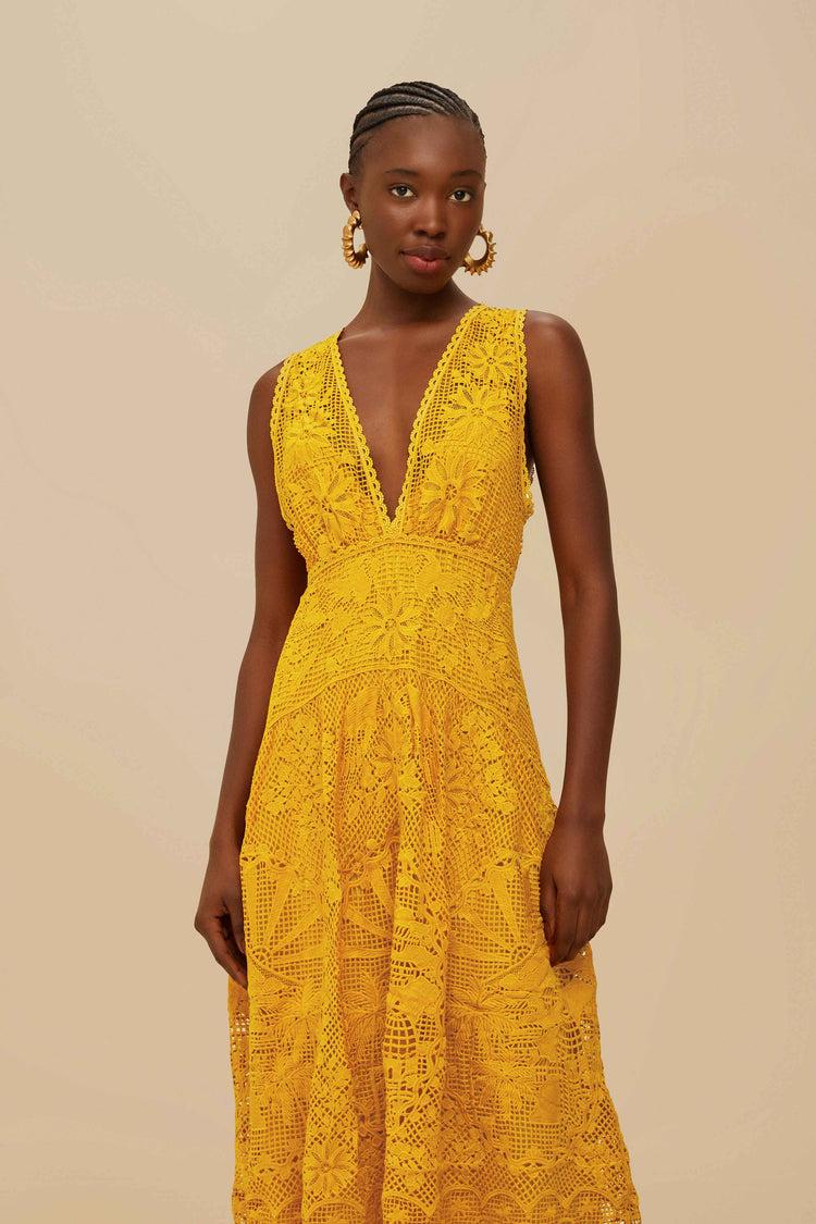Farm Rio Landscape Guipure Mustard Yellow Midi Dress MUSTARD