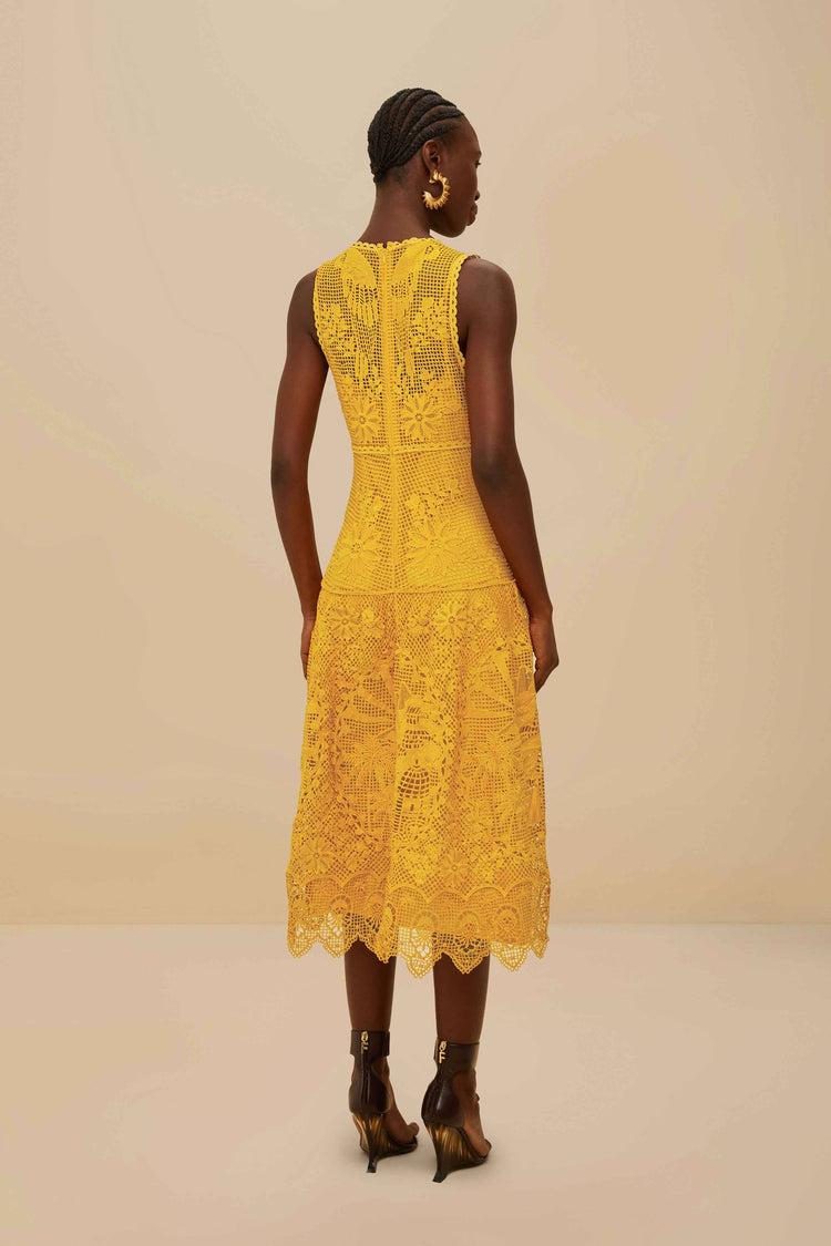 Farm Rio Landscape Guipure Mustard Yellow Midi Dress MUSTARD