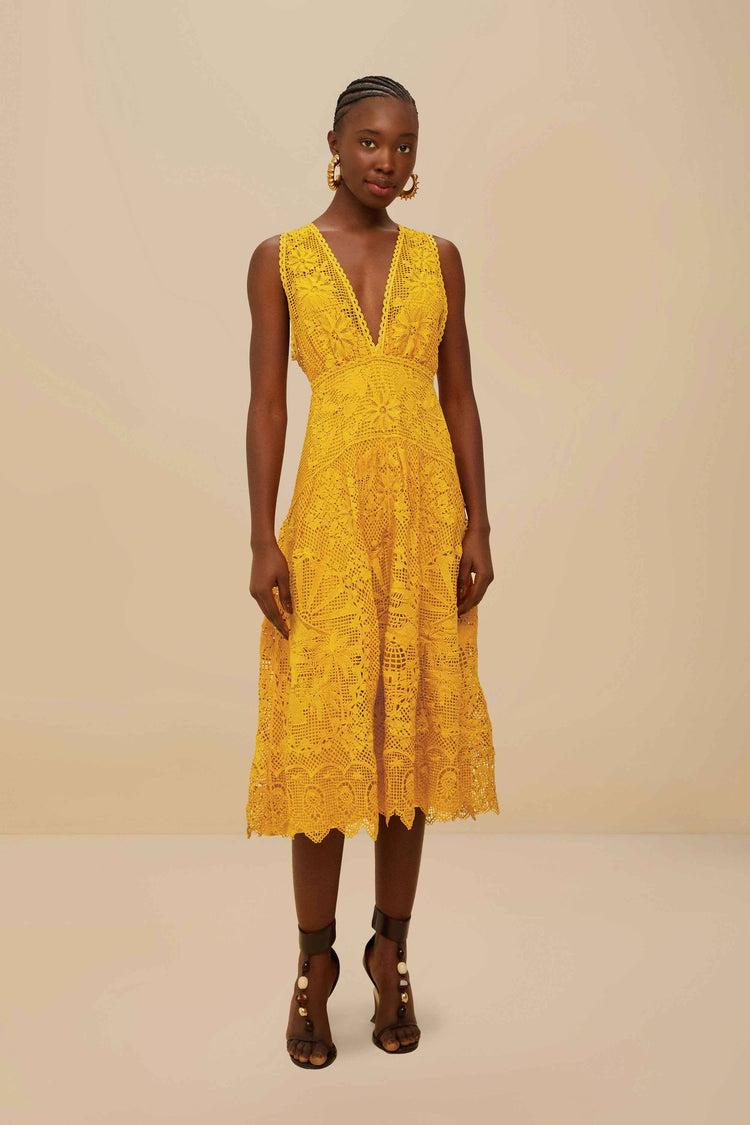 farm rio landscape guipure mustard yellow midi dress MUSTARD