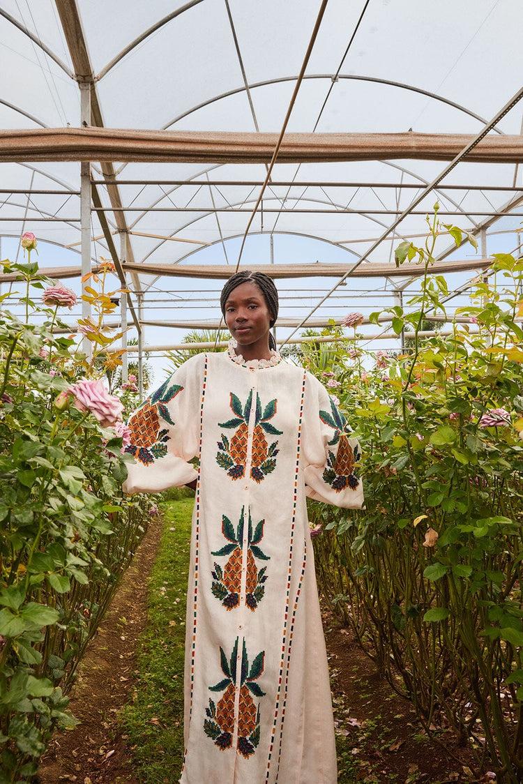 Farm Rio Light Pink Cross Stitch Pineapple Embroidered Midi Dress LIGHT PINK