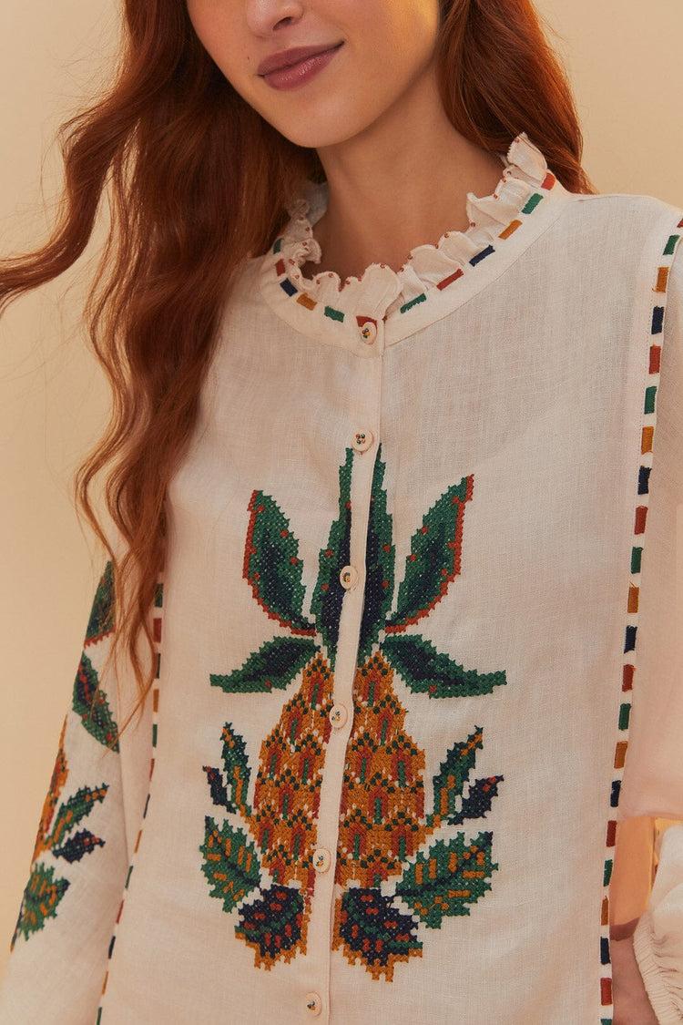 Farm Rio Light Pink Cross Stitch Pineapple Embroidered Midi Dress LIGHT PINK