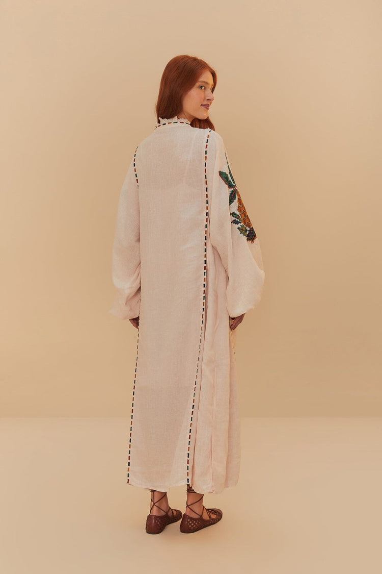 Farm Rio Light Pink Cross Stitch Pineapple Embroidered Midi Dress LIGHT PINK