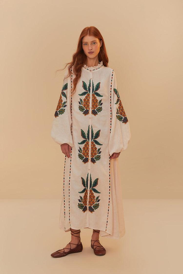 farm rio light pink cross stitch pineapple embroidered midi dress LIGHT PINK