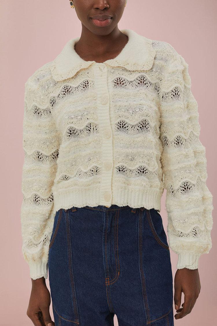 Farm Rio Mixed Stitches Off-white Knit Cardigan OFF-WHITE