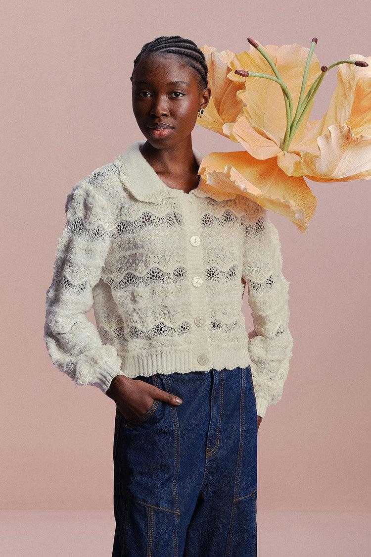 farm rio mixed stitches off-white knit cardigan OFF-WHITE