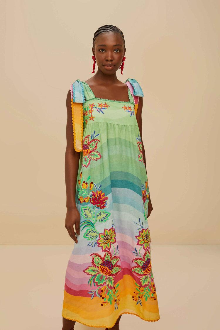 Farm Rio Multicolor Aura Floral Embroidered Euroflax™ Premium Linen Maxi Dress AURA FLORAL MULTICOLOR