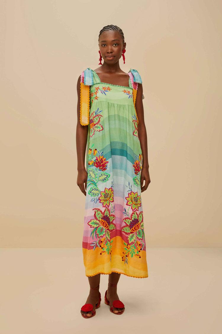 farm rio multicolor aura floral embroidered euroflax™ premium linen maxi dress AURA FLORAL MULTICOLOR