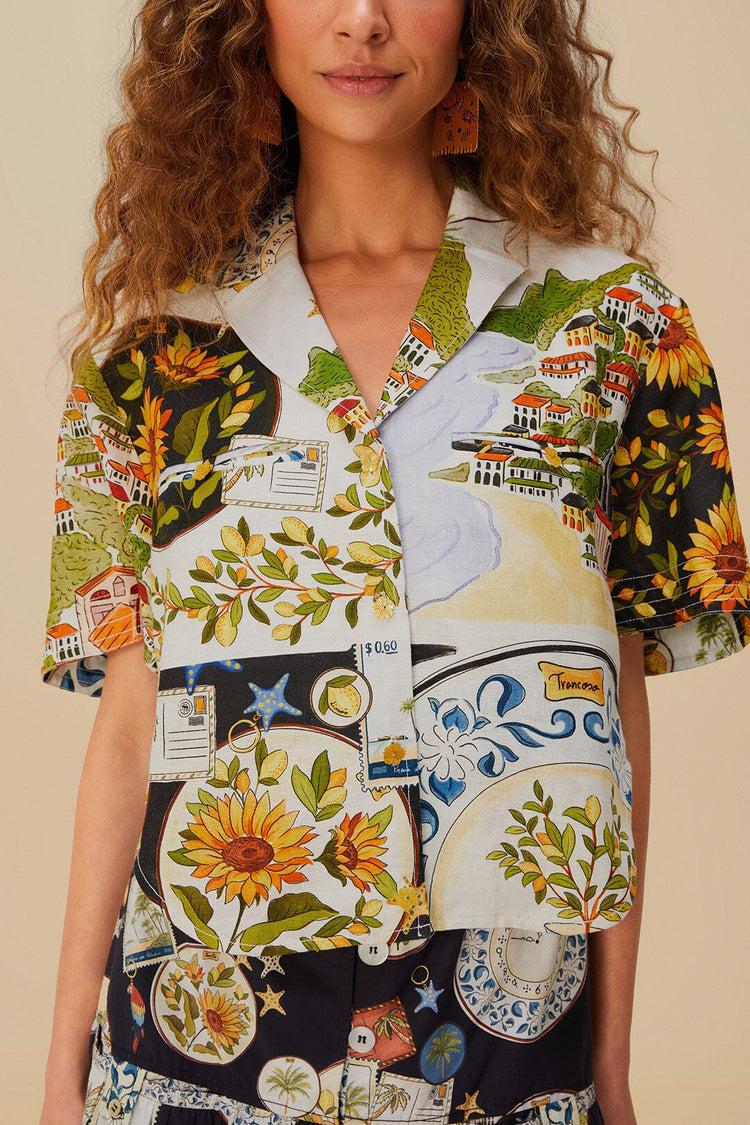 Farm Rio Multicolor Latin Trip Scarves Euroflax™ Premium Linen Crop Shirt LATIN TRIP SCARVES MULTICOLOR