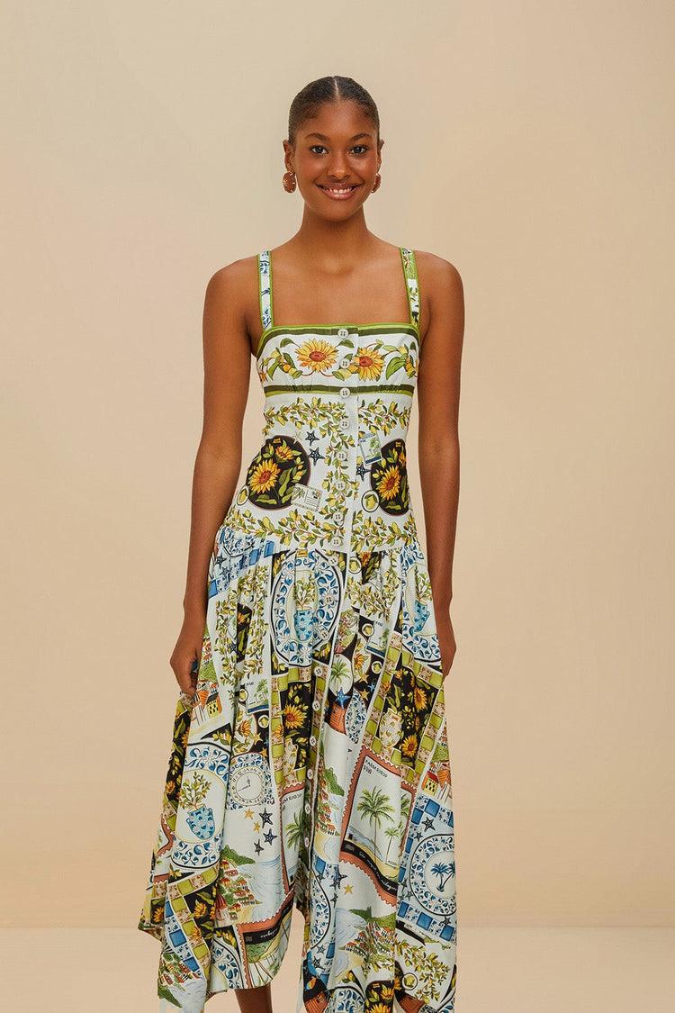 Farm Rio Multicolor Latin Trip Scarves Organic Cotton Midi Dress LATIN TRIP SCARVES MULTICOLOR