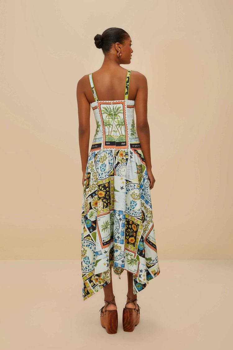 Farm Rio Multicolor Latin Trip Scarves Organic Cotton Midi Dress LATIN TRIP SCARVES MULTICOLOR