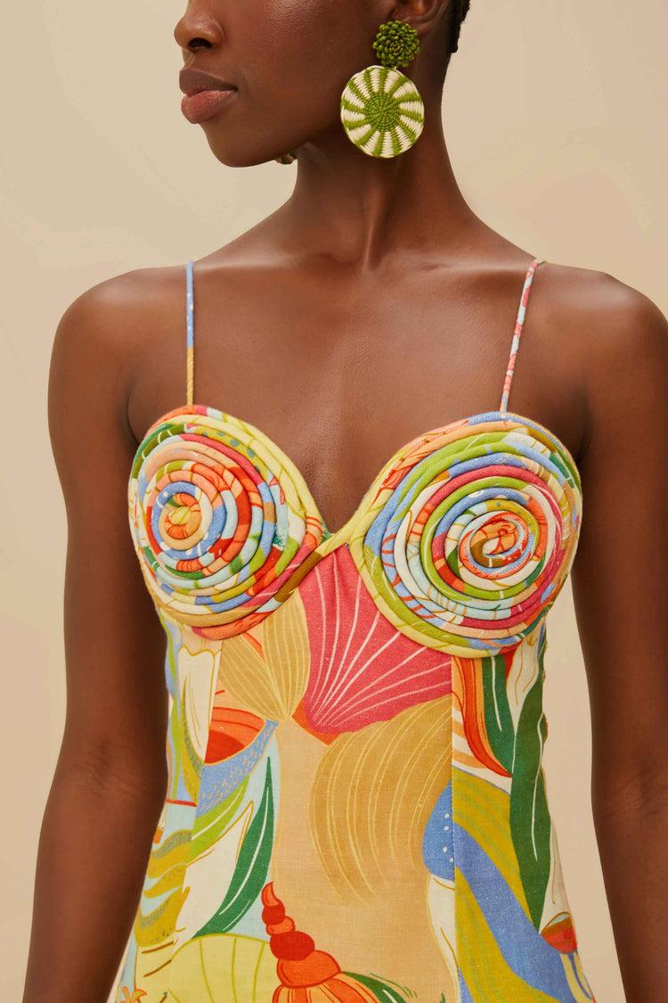 Farm Rio Multicolor Ocean View Twisted Cups Euroflax™ Premium Linen Midi Dress OCEAN VIEW MULTICOLOR