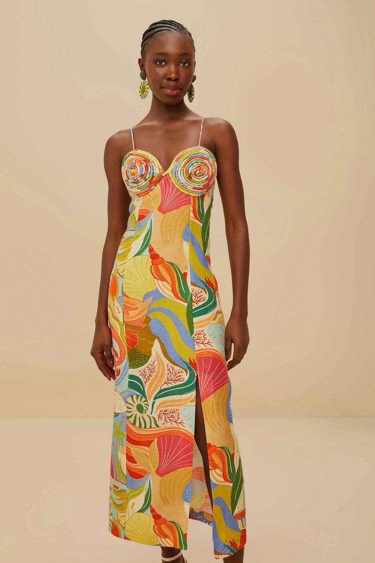 Farm Rio Multicolor Ocean View Twisted Cups Euroflax™ Premium Linen Midi Dress OCEAN VIEW MULTICOLOR